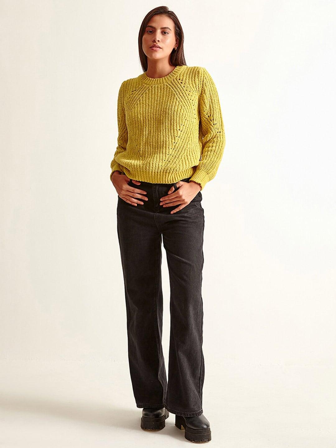 COVER STORY Women Yellow Cable Knit Pullover
