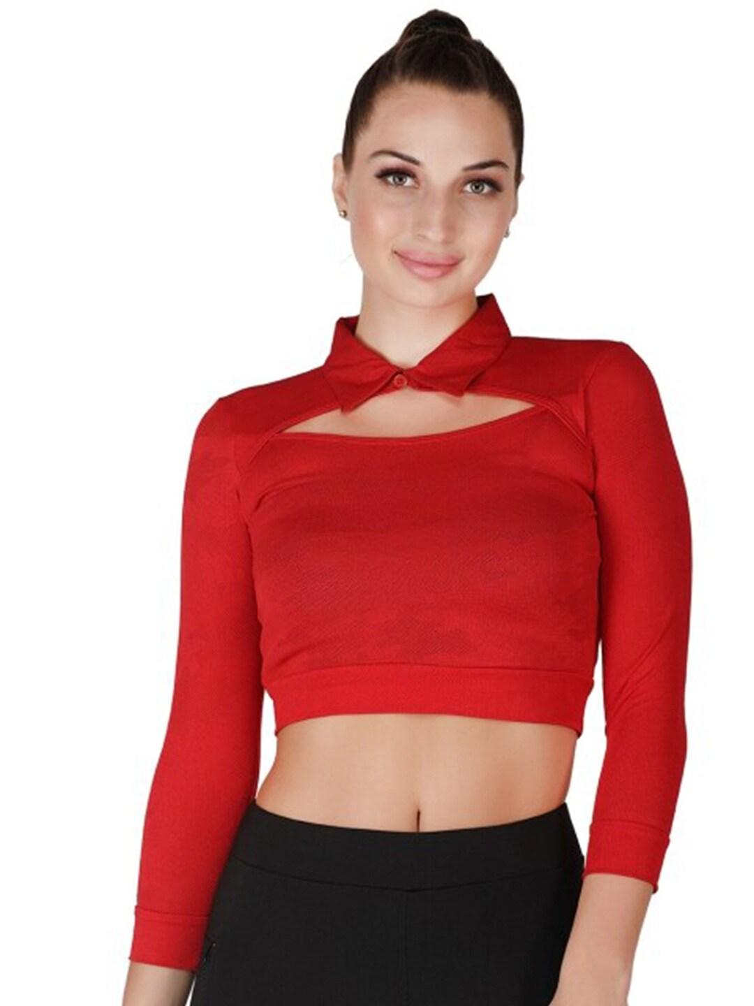La Aimee Red Solid Shirt Collar Fitted Crop Top