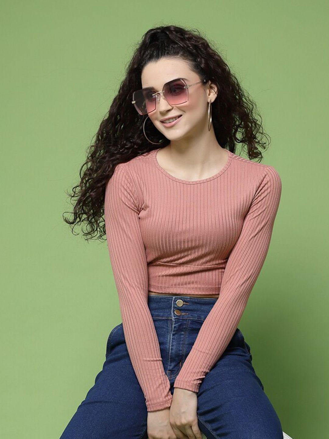 KASSUALLY Peach-Coloured Ribbed Cut Out Crop Top