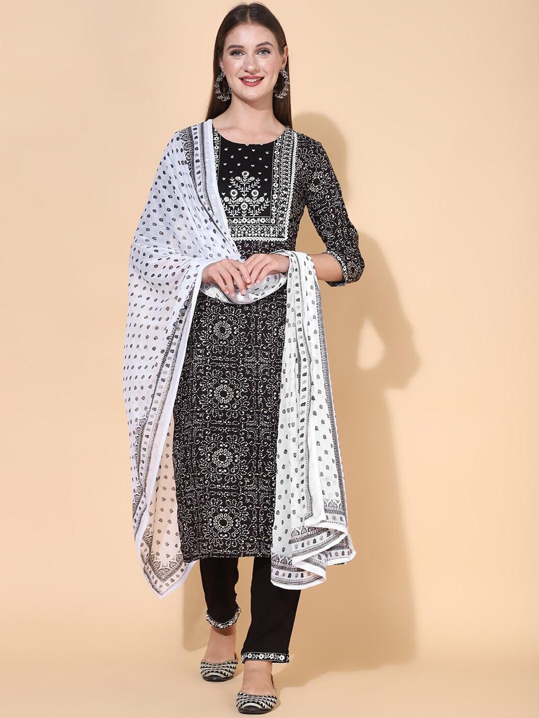 FASHOR Women Black & White Embroidered Straight Kurta with Trousers & With Dupatta