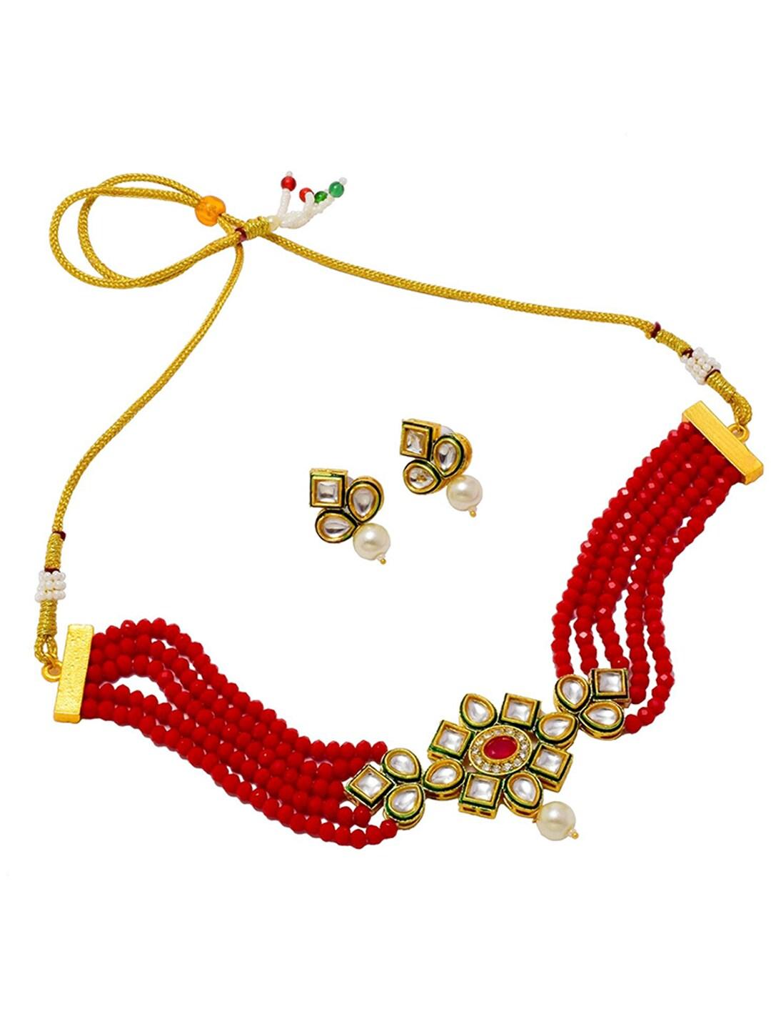 Jewar Mandi Gold-Plated Red & White Kundan Studded & Pearl Beaded Jewellery Set