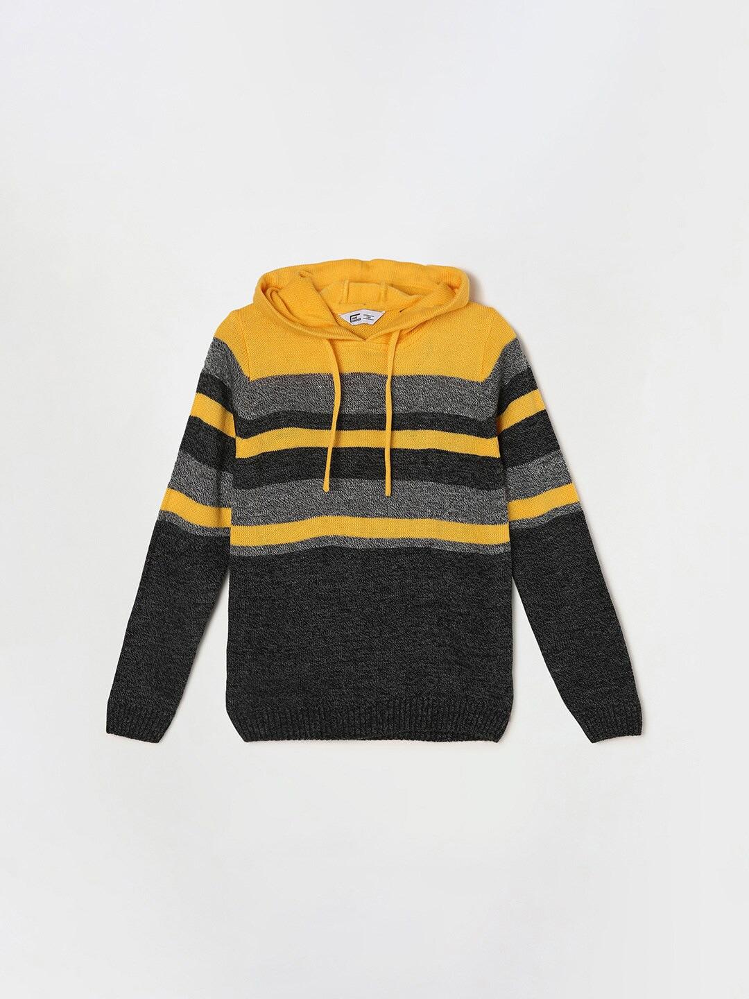 fame-forever-by-lifestyle-boys-black-&-yellow-striped-acrylic-hooded-pullover-sweater