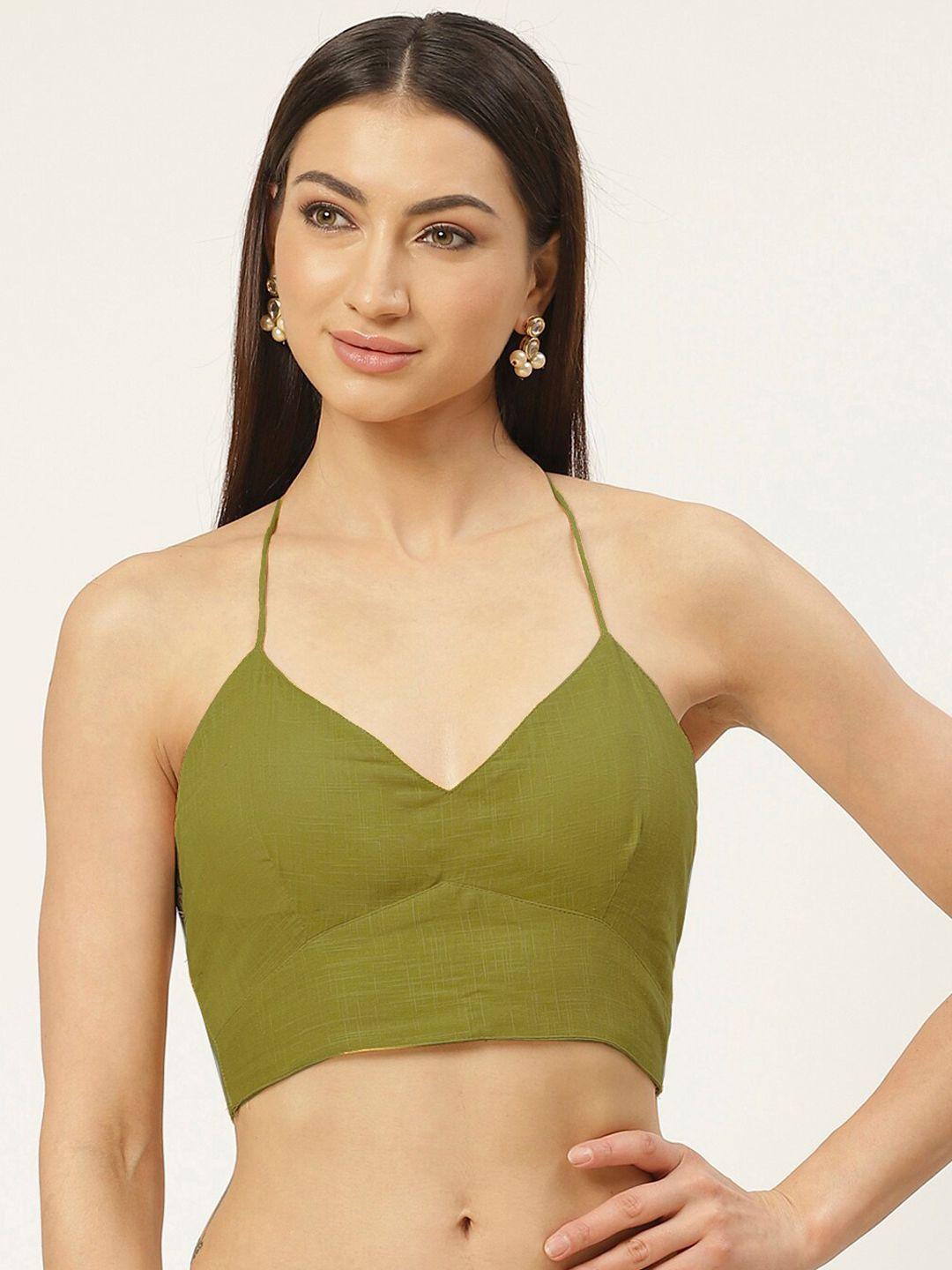 Molcha Olive-Green Solid Pure Cotton Saree Blouse