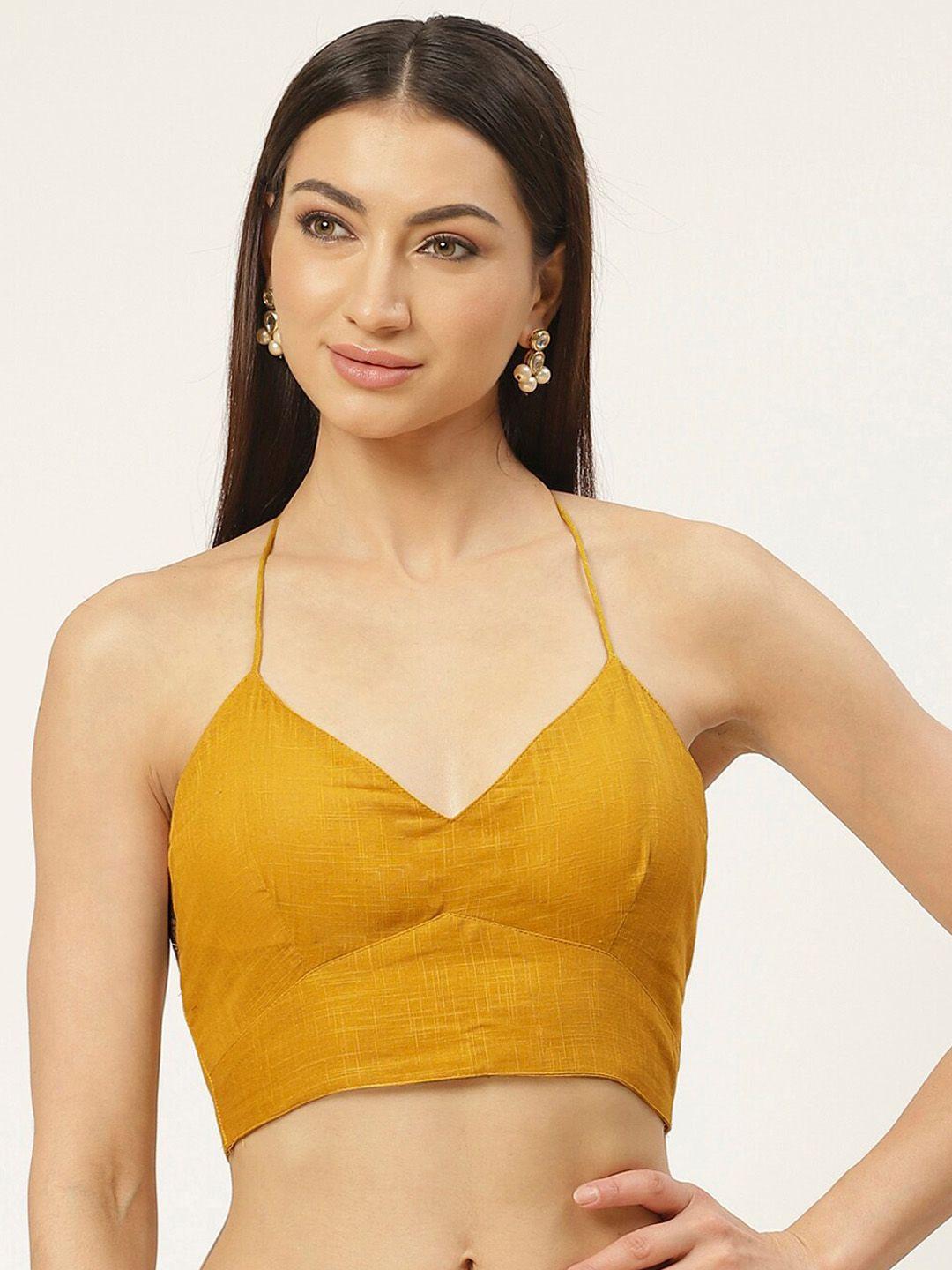 molcha-women-mustard-yellow-solid-cotton-saree-blouse