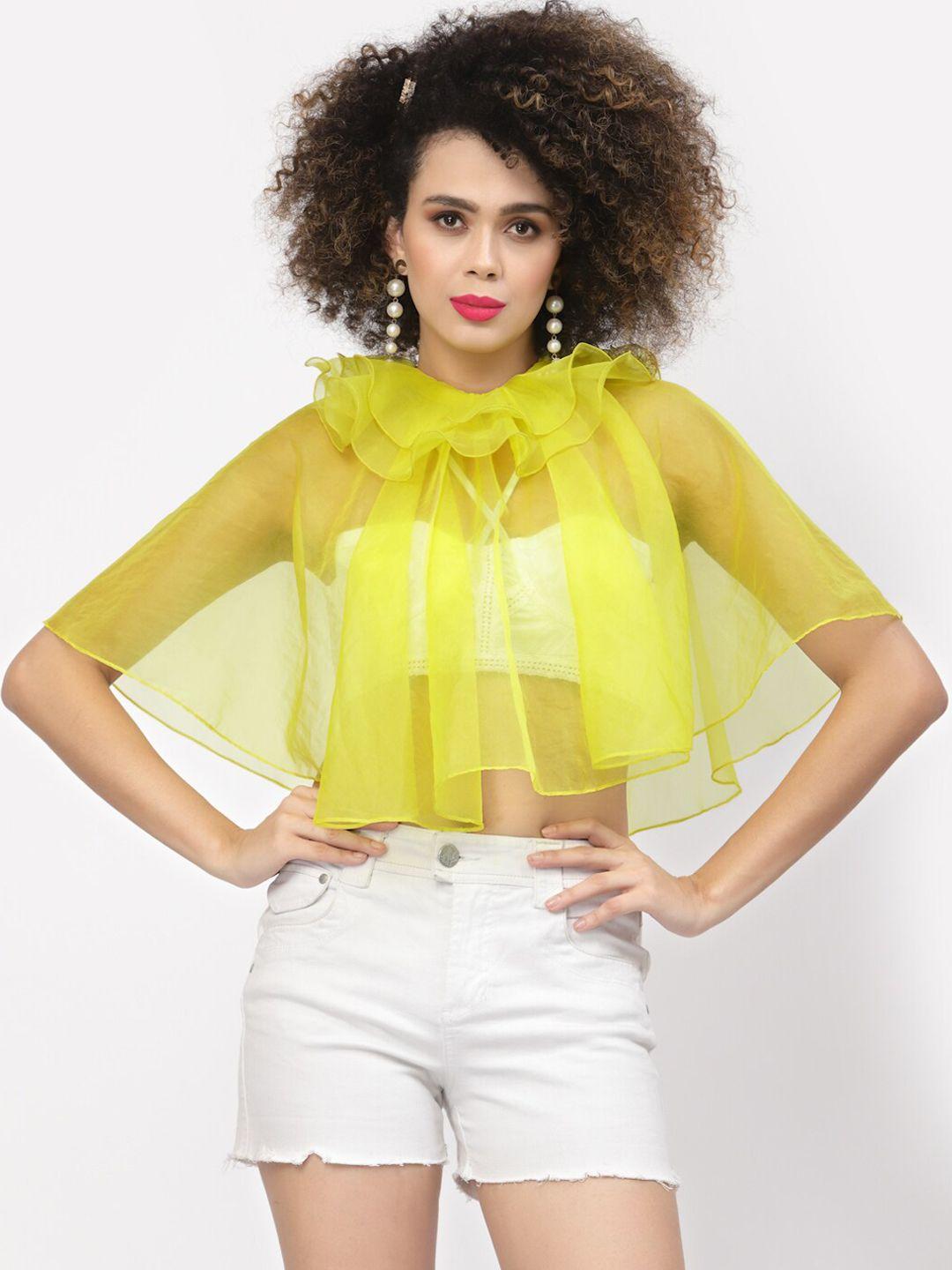 lela-women-yellow-sheer-organza-frill-neck-poncho-jacket