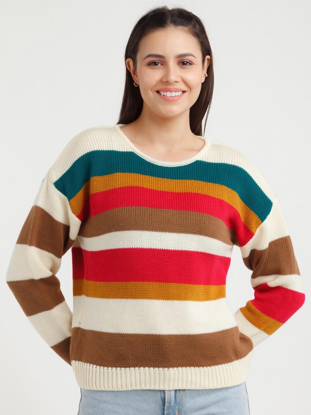 Zink London Women Off White & Brown Striped Acrylic Oversized Pullover Sweater