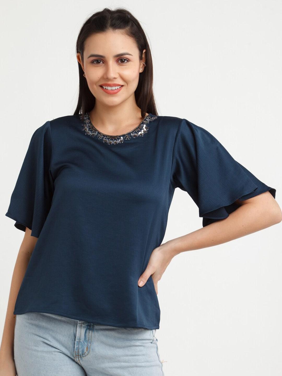 Zink London Navy Blue Solid Flared Sleeve Top