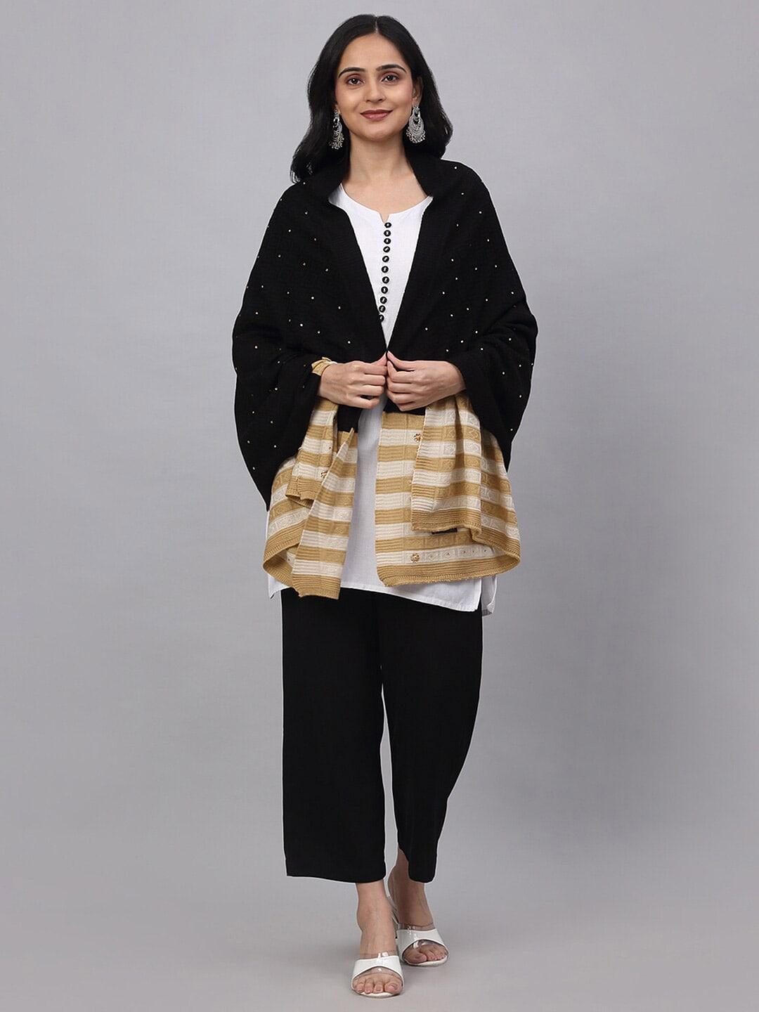 KLOTTHE Women Black & Gold-Toned Woven Design Woolen Stole