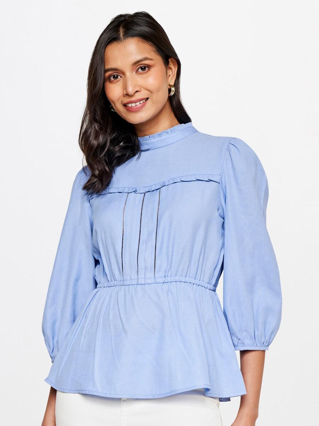 and-blue-solid-cinched-waist-top