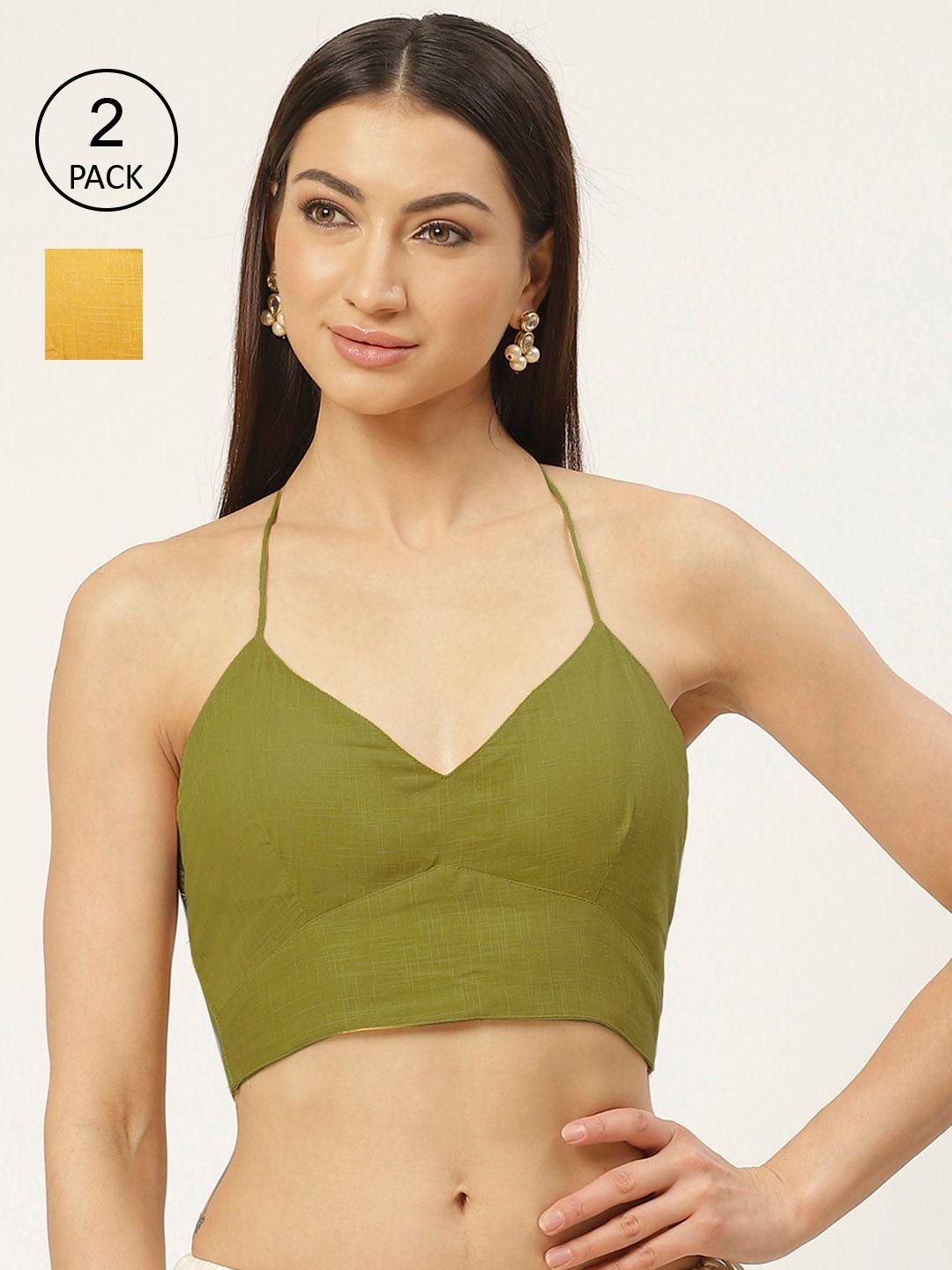 molcha-pack-of-2-olive-green-&-mustard-yellow-solid-pure-cotton-padded-saree-blouse
