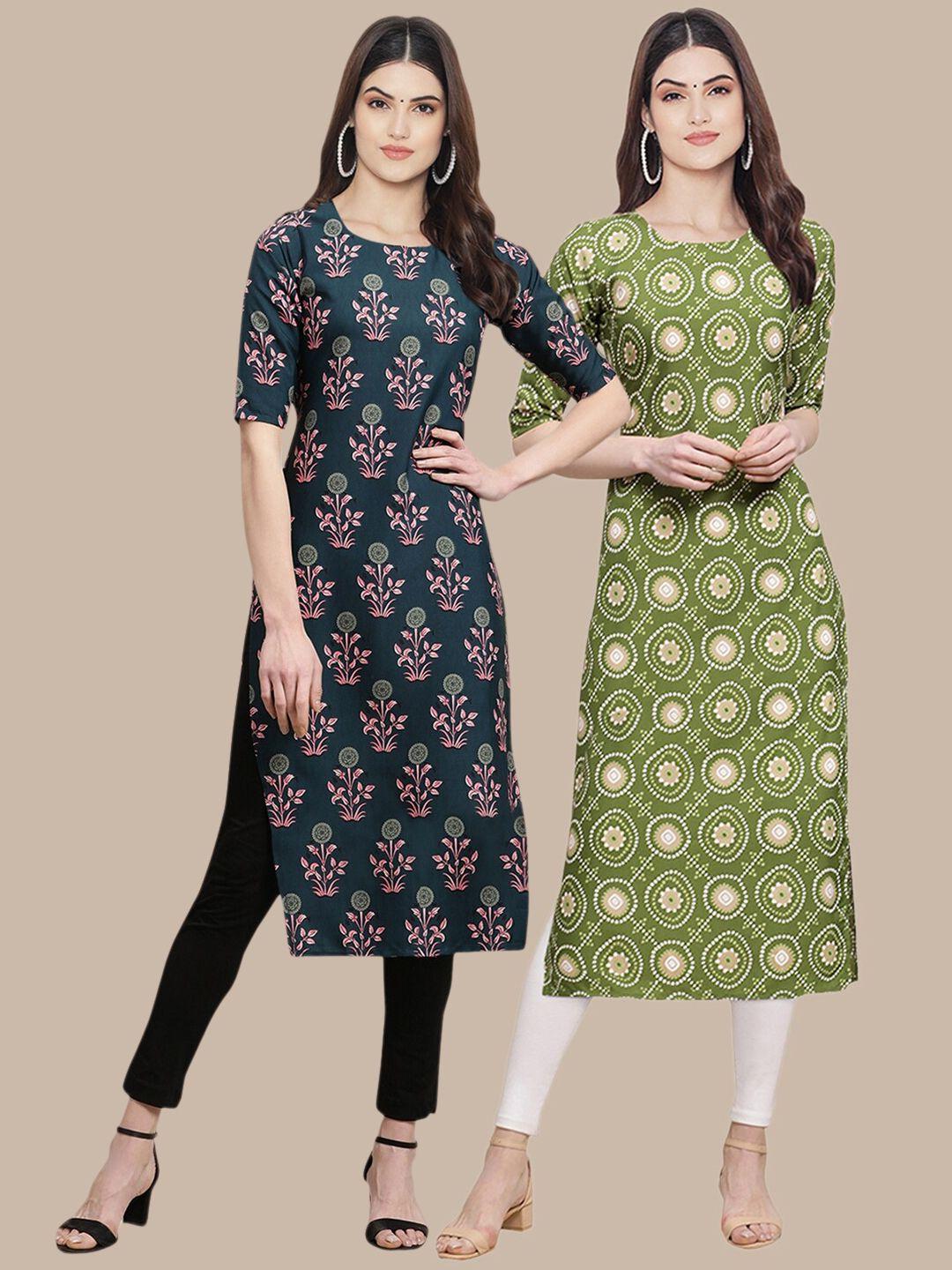 1-stop-fashion-women-pack-of-2-teal-&-green-floral-printed-crepe-kurta