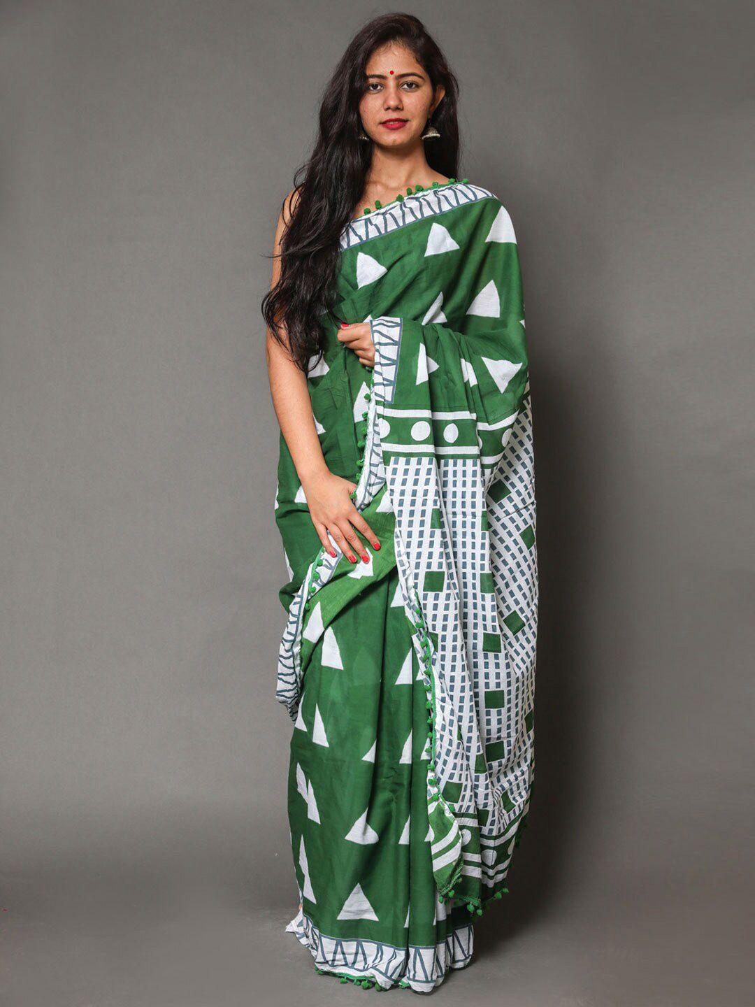 buta-buti-green-&-white-geometric-printed-pure-cotton-saree