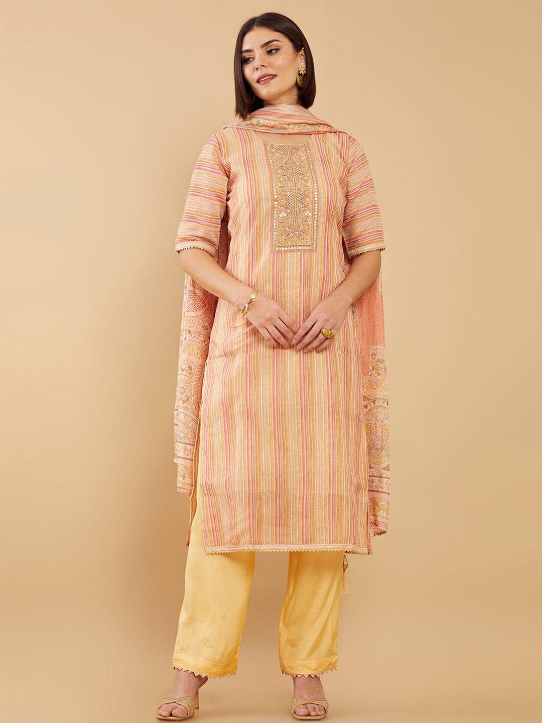 Soch Peach-Coloured & Cream-Coloured Printed Unstitched Dress Material