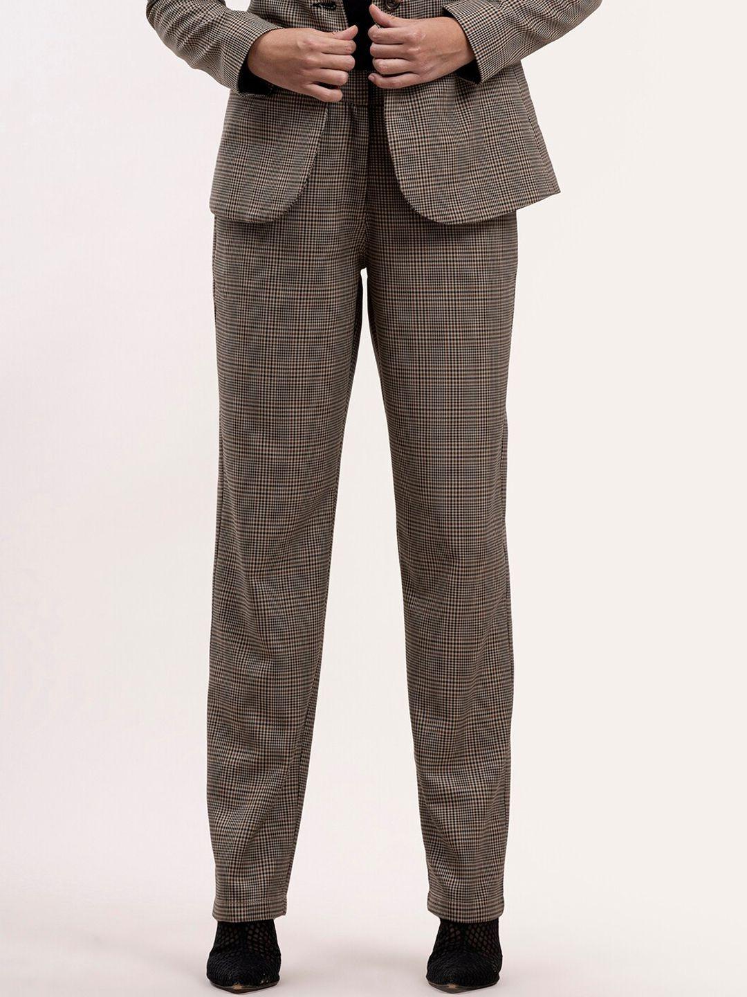 FableStreet Women Brown & Black Checked Cotton Formal Trousers