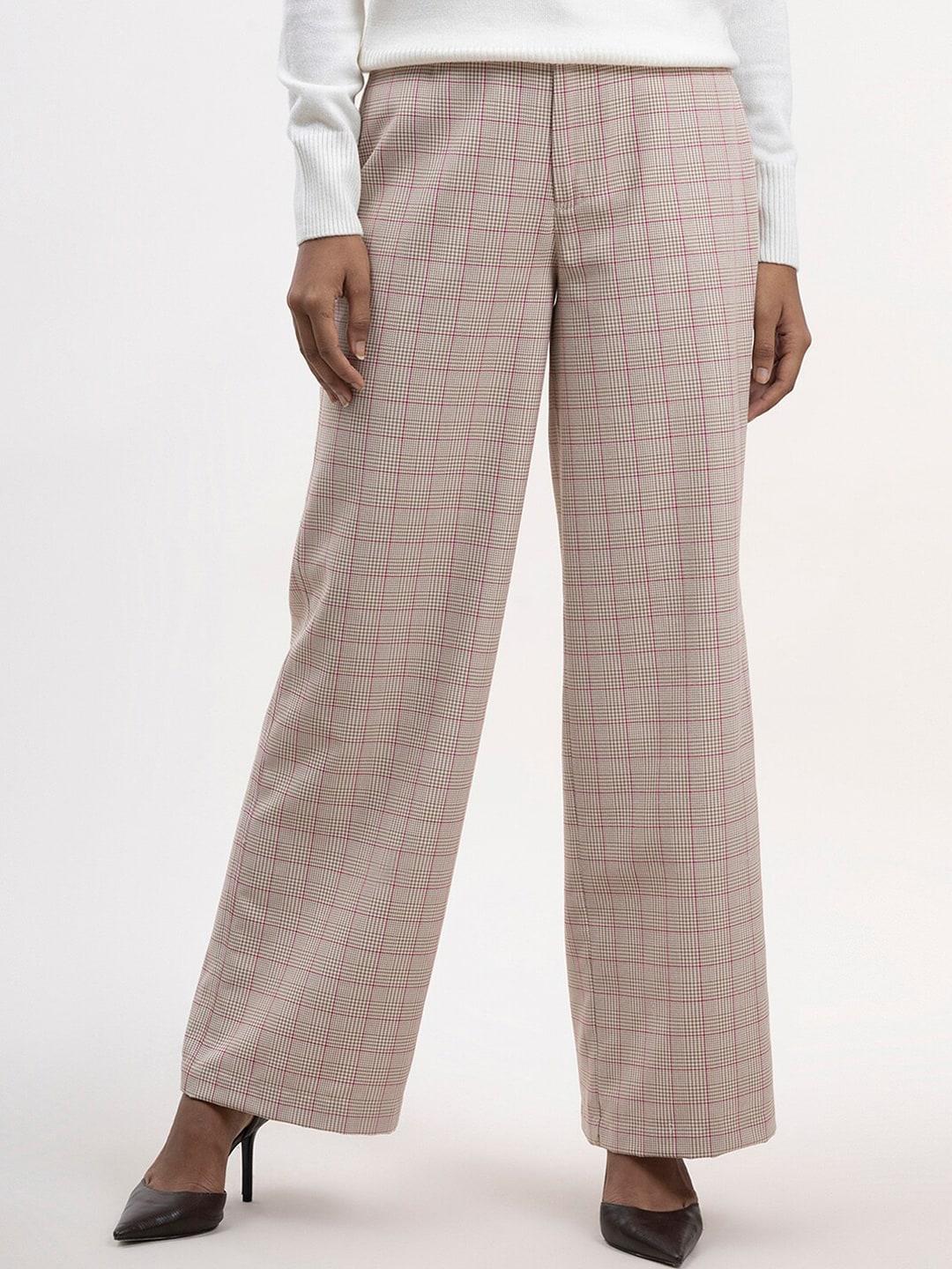 fablestreet-women-beige-checked-cotton-parallel-trouser