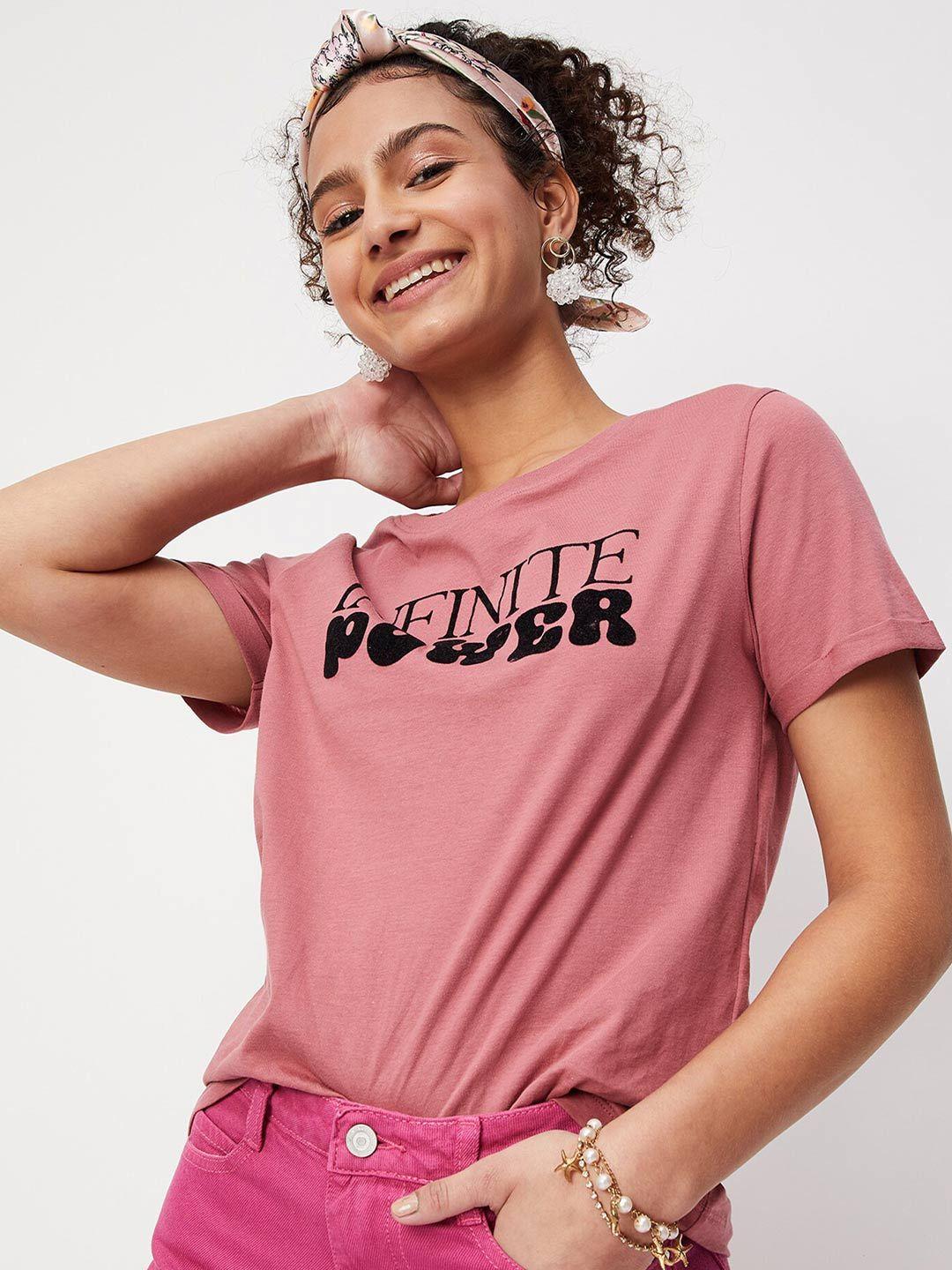max-women-peach-typography-printed-cotton-t-shirt