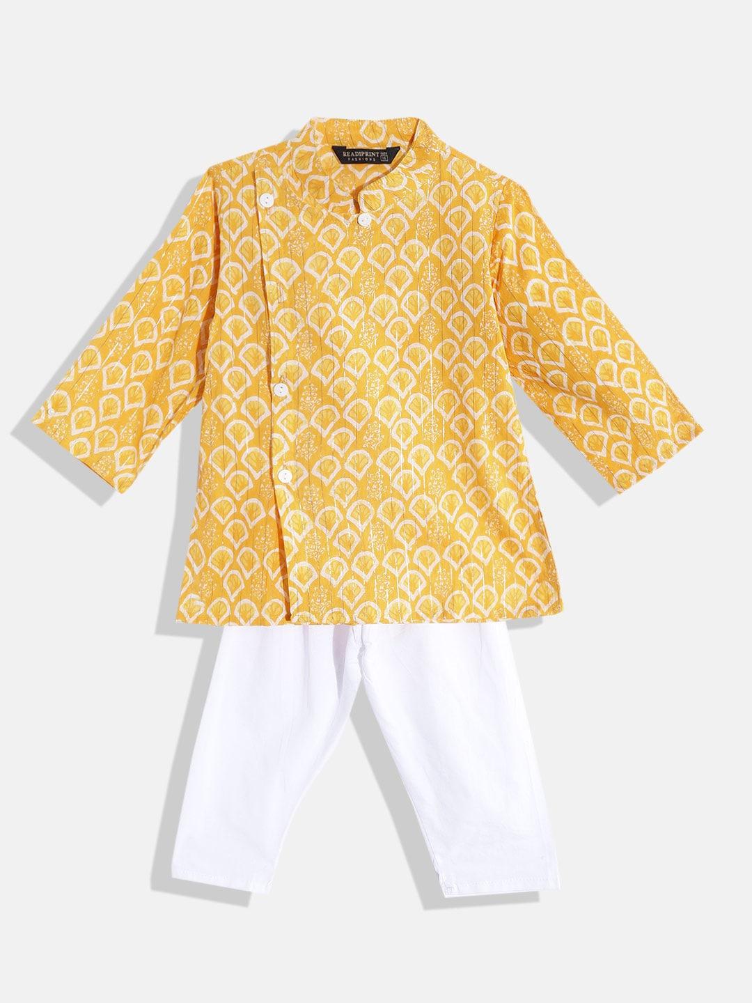 Readiprint Fashions Boys Yellow Ethnic Motifs Printed Pure Cotton Kurta with Pyjamas