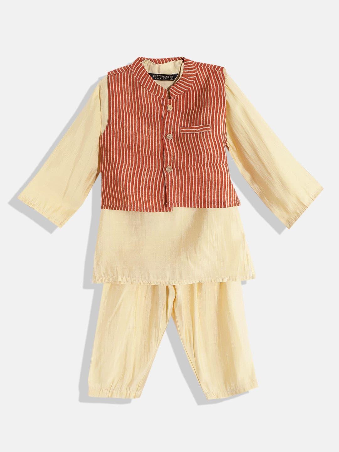 Readiprint Fashions Boys Beige Kurta with Pyjamas & Nehru Jacket