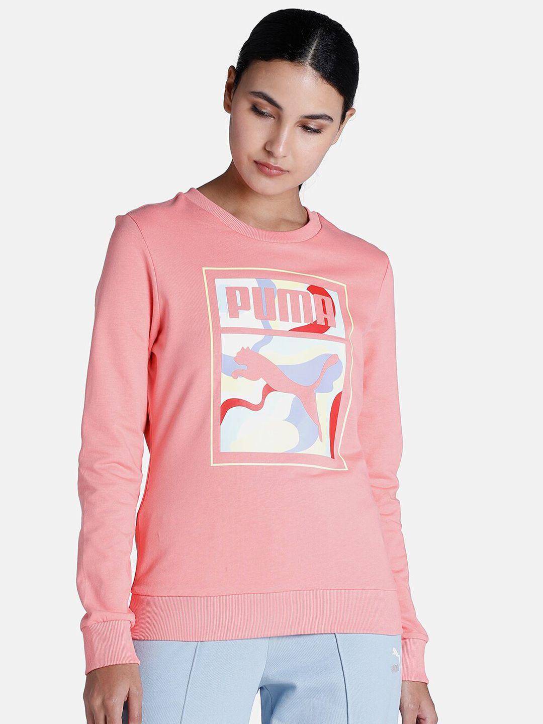 Puma Women Pink Graphic Crew Cotton Sweatshirt