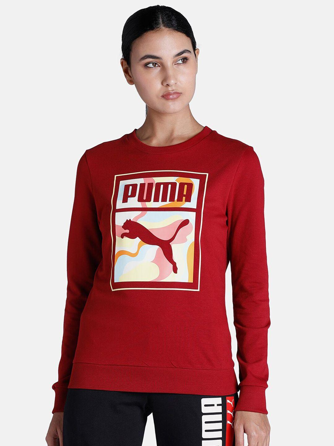 Puma Women Red Graphic Crew Print Cotton Pullover Sweatshirt