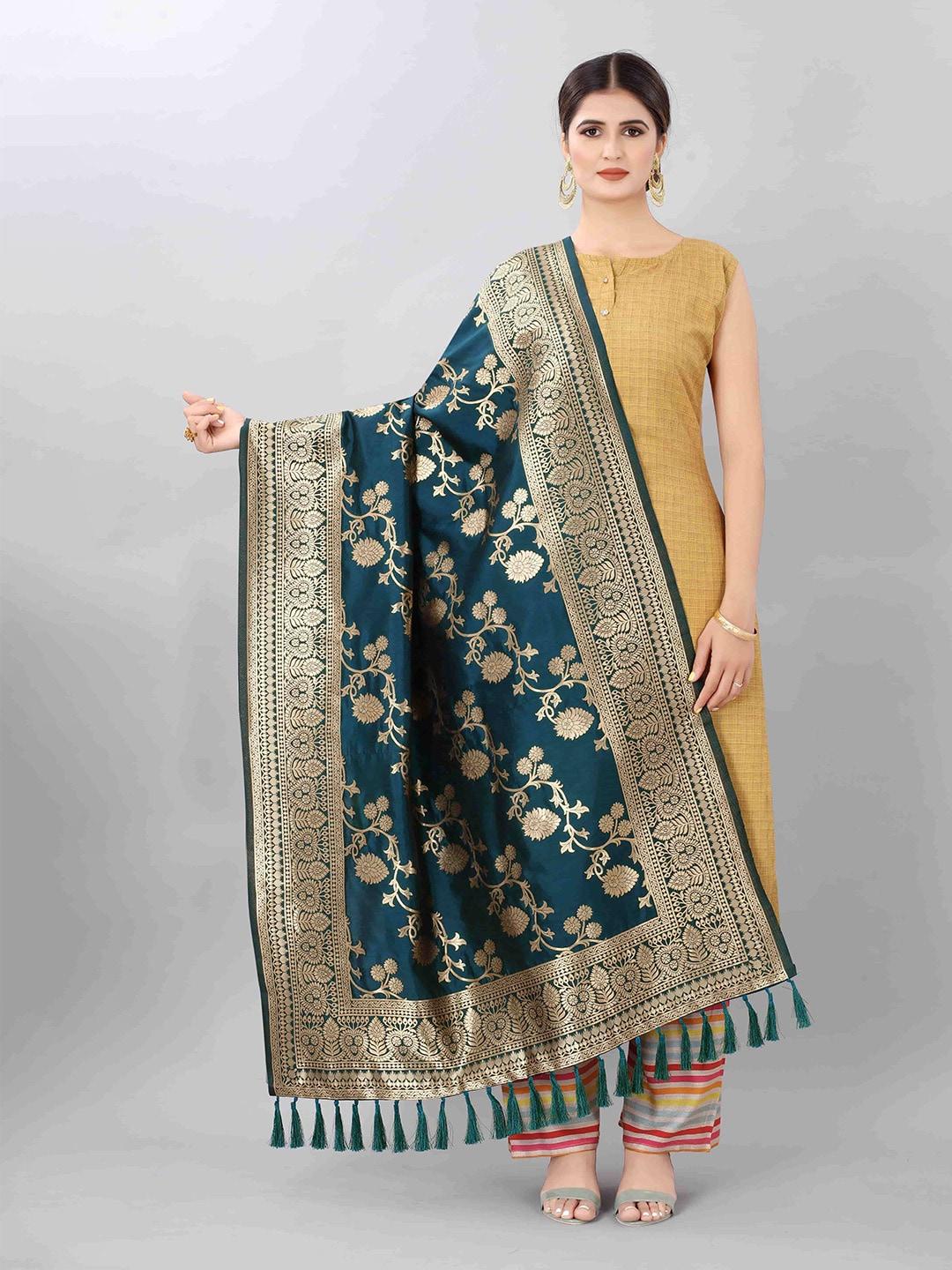Silk Land Blue & Gold-Toned Woven Design Jacquard Banarasi Dupatta with Zari