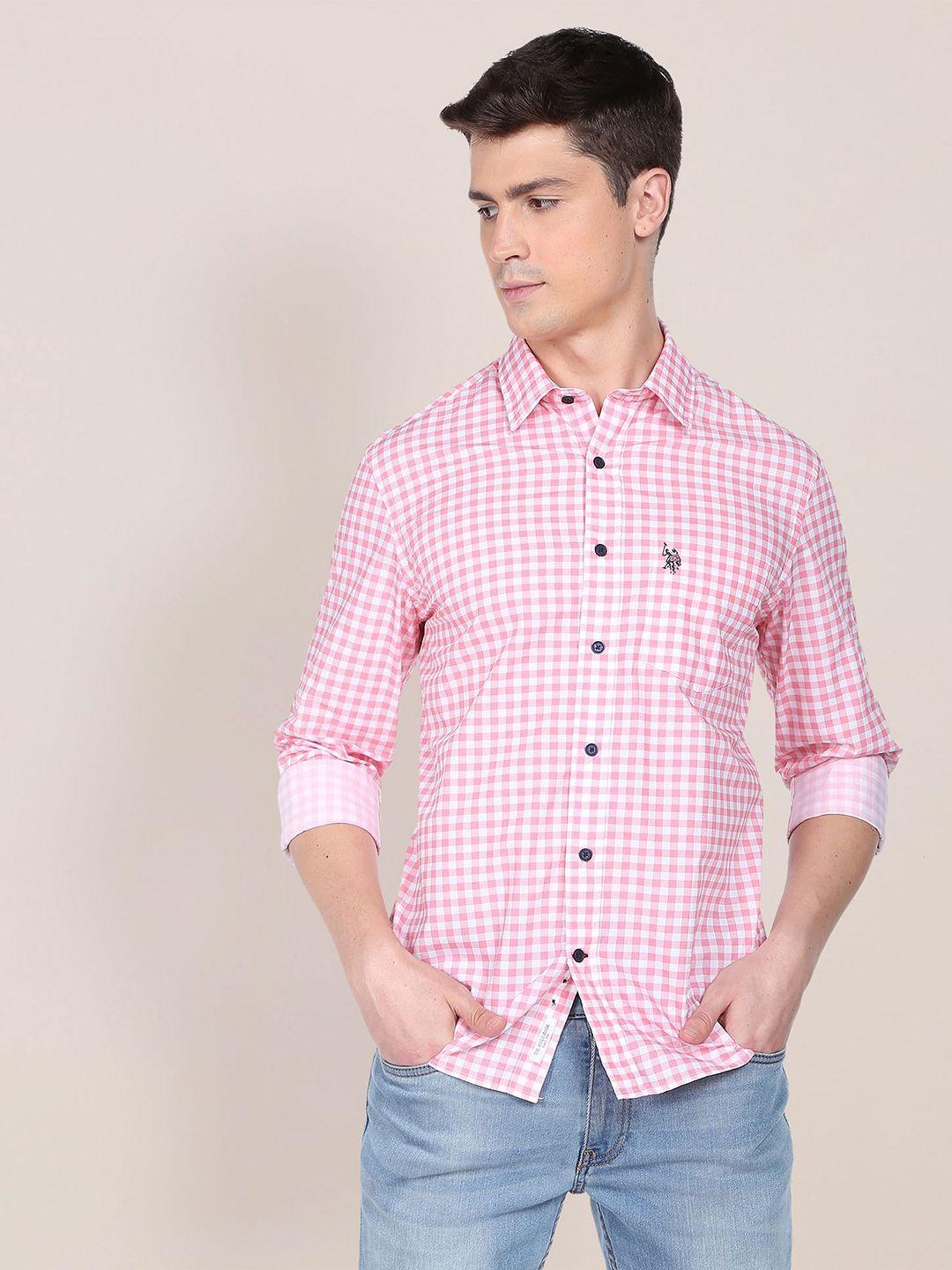 U.S. Polo Assn. Men Pink & White Gingham Twill Checked Pure Cotton Casual Shirt