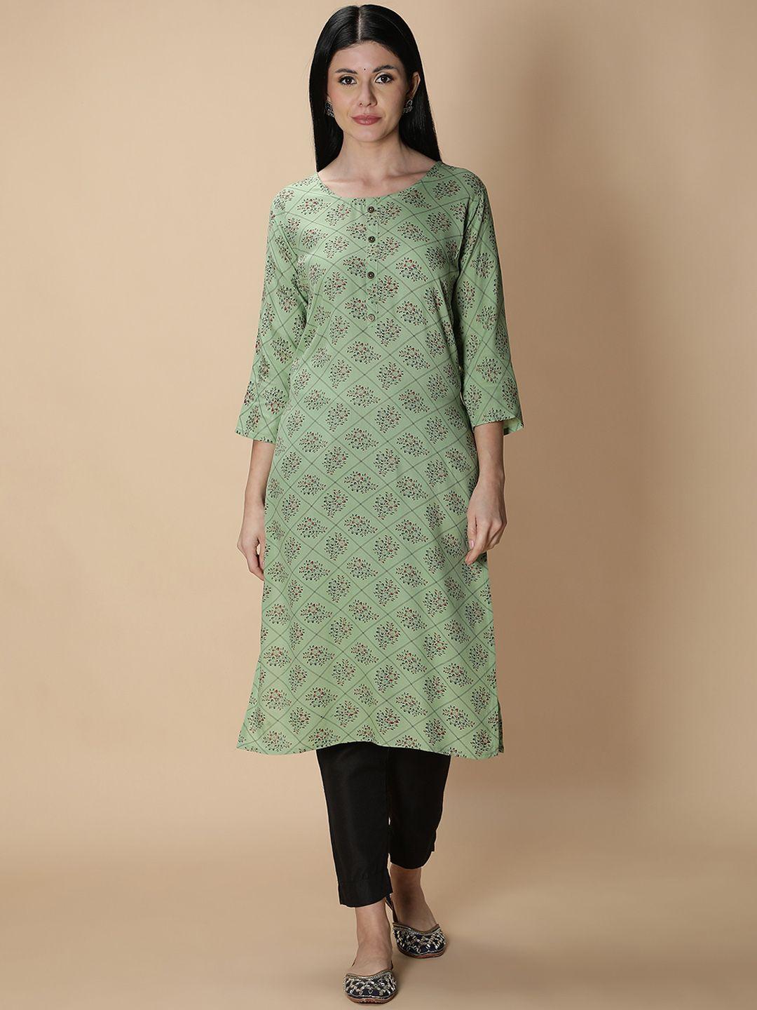 fabclub-women-green-&-black-floral-printed-straight-kurta-with-trousers