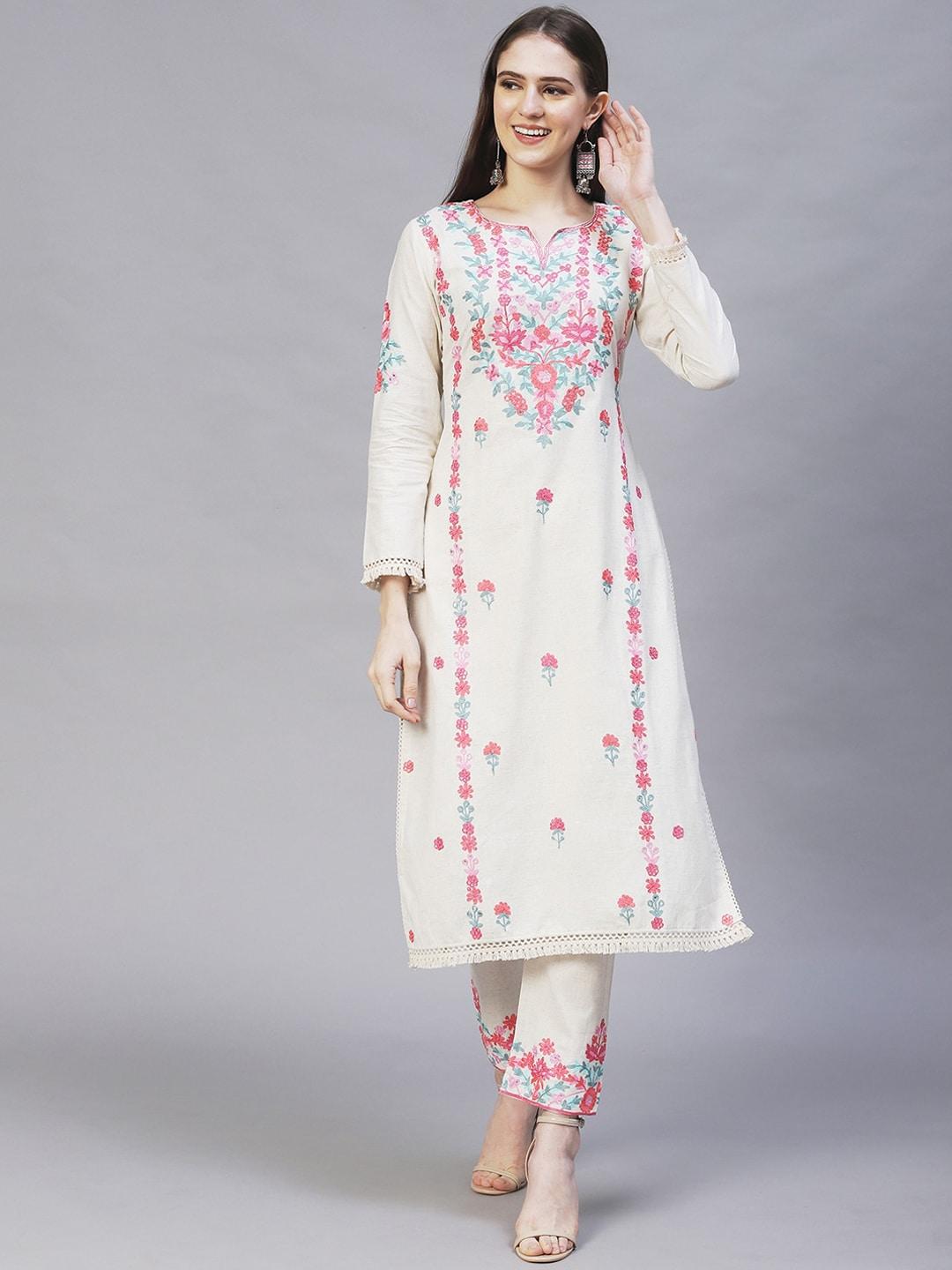 FASHOR Women Off White Floral Embroidered Pure Cotton Kurta with Trouser Set