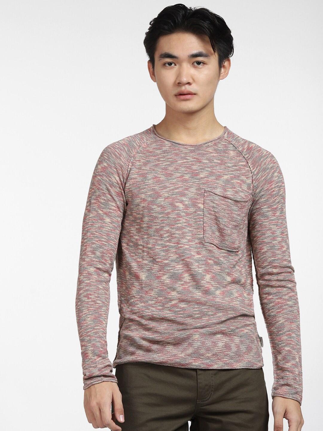 Jack & Jones Men Mauve & Off White Abstract Printed Pullover Sweater