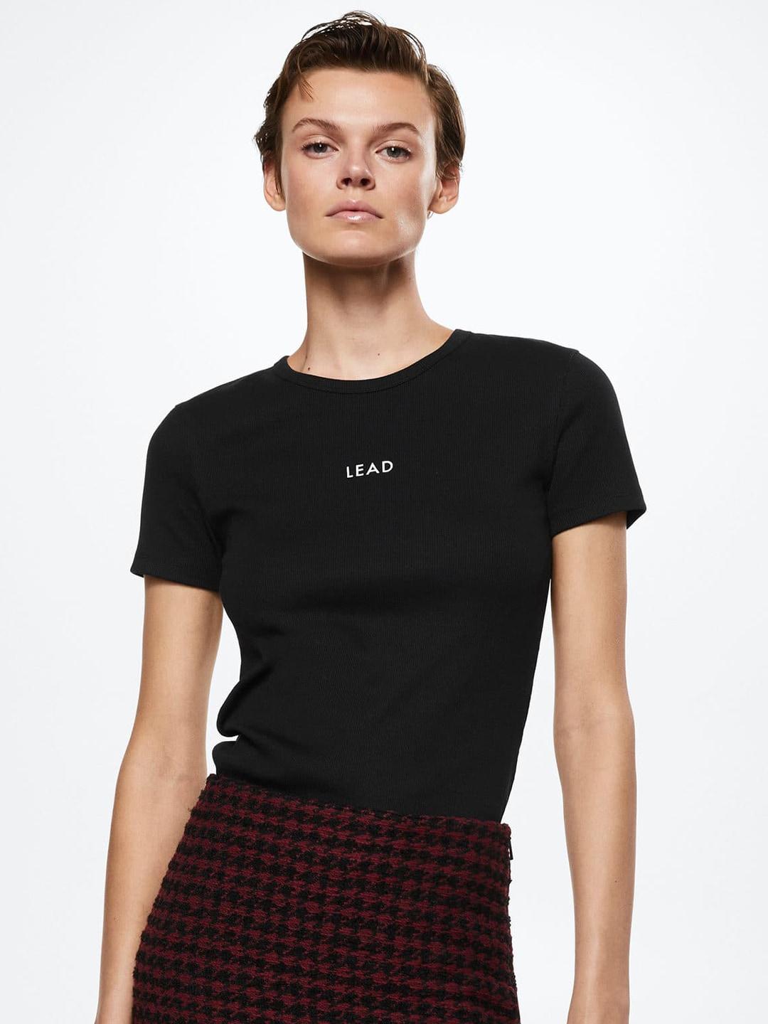 MANGO Women Black Ribbed Sustainable Knitted T-shirt With Typography Detail