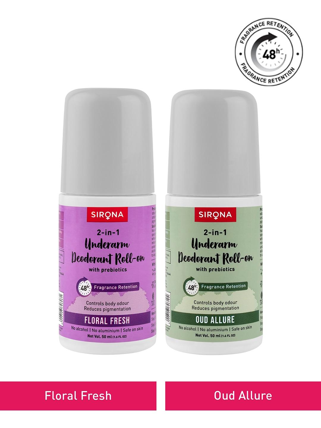 Sirona Set of 2 2-in-1 Underarm Roll On Deodorants with Prebiotics 50 ml Each-  Floral Fresh + Oud Allure
