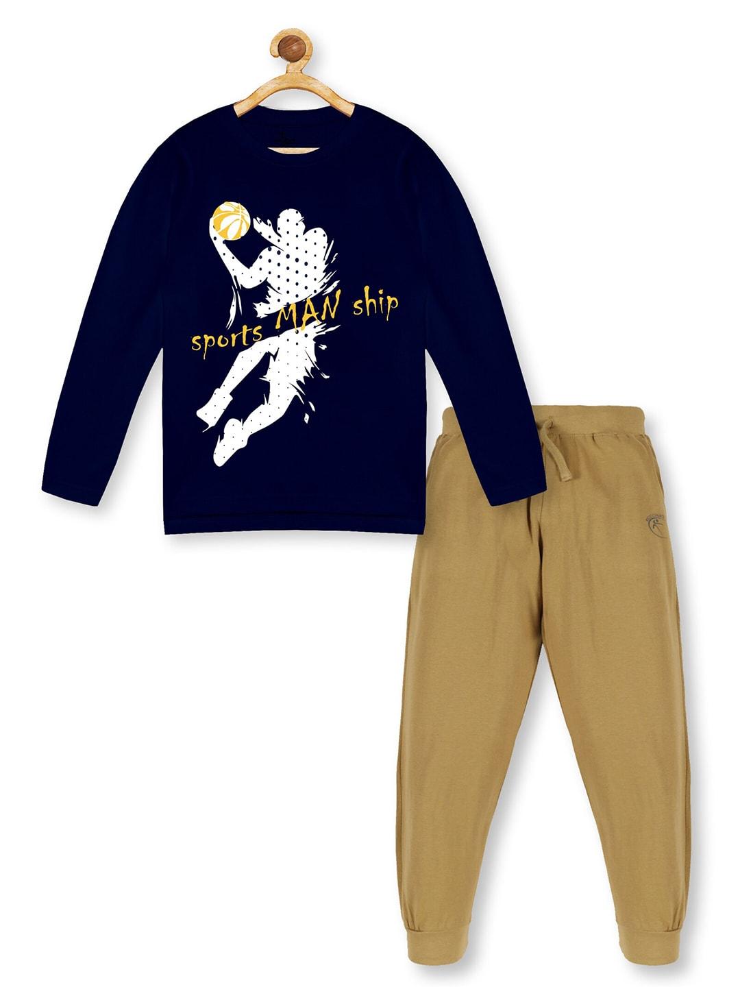 KiddoPanti Boys Navy Blue & Khaki Printed Pure Cotton T-shirt with Trousers