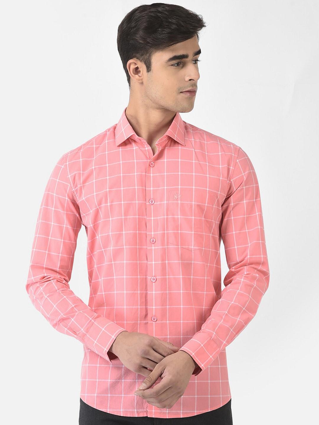 Crimsoune Club Men Pink Slim Fit Windowpane Checked Cotton Casual Shirt