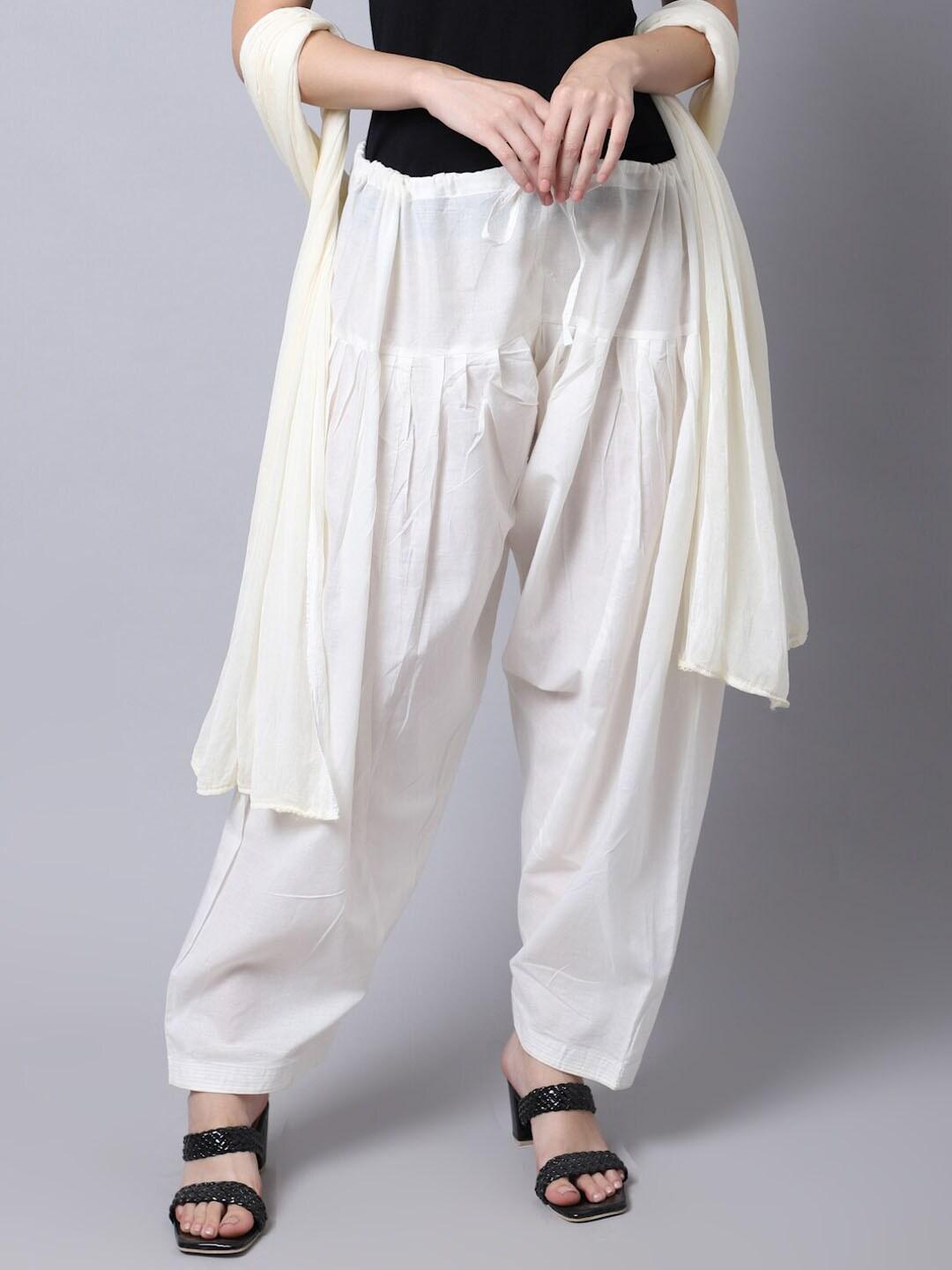 Miaz Lifestyle Women Off-White Solid Cotton Salwar and Dupatta