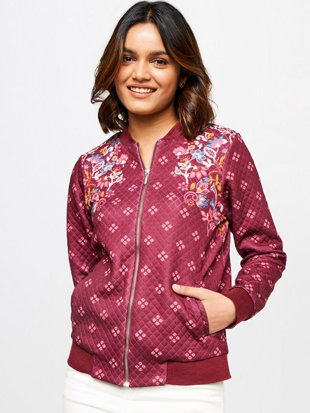 Global Desi Women Maroon Floral Printed Bomber Jacket