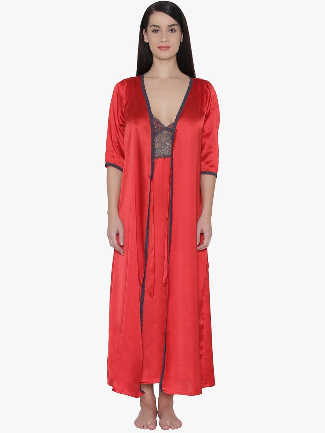 Clovia Women Coral Solid Maxi Nightdress With Robe