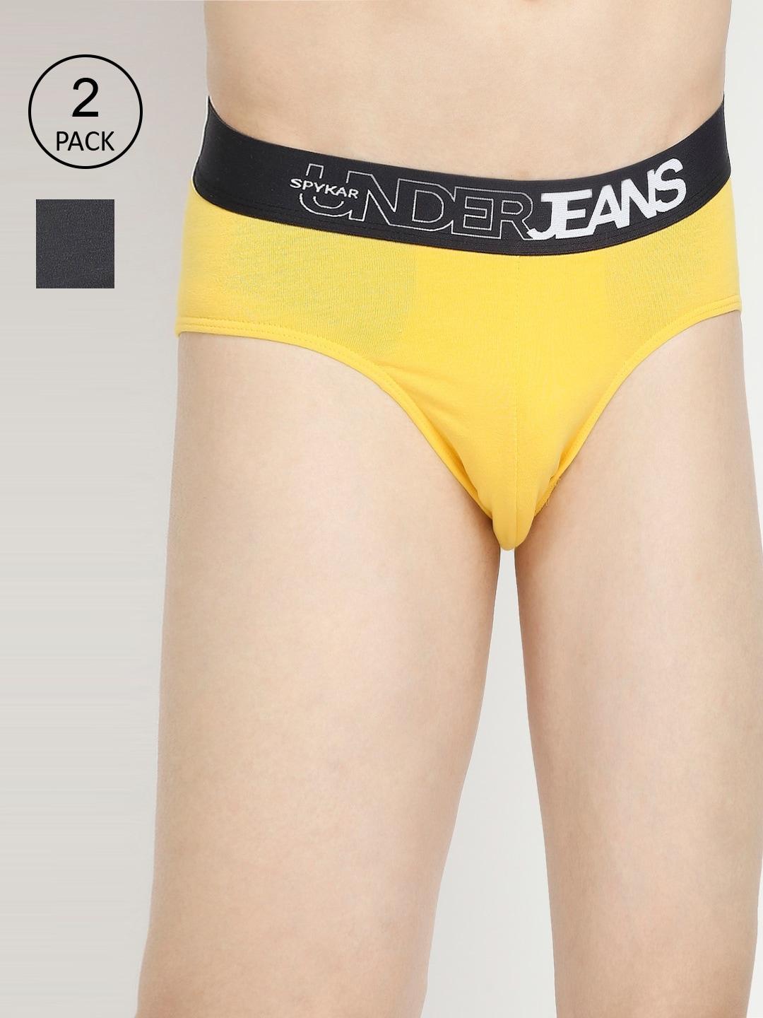 UnderJeans by Spykar Men Yellow & Grey Pack Of 2 Solid Basic Briefs