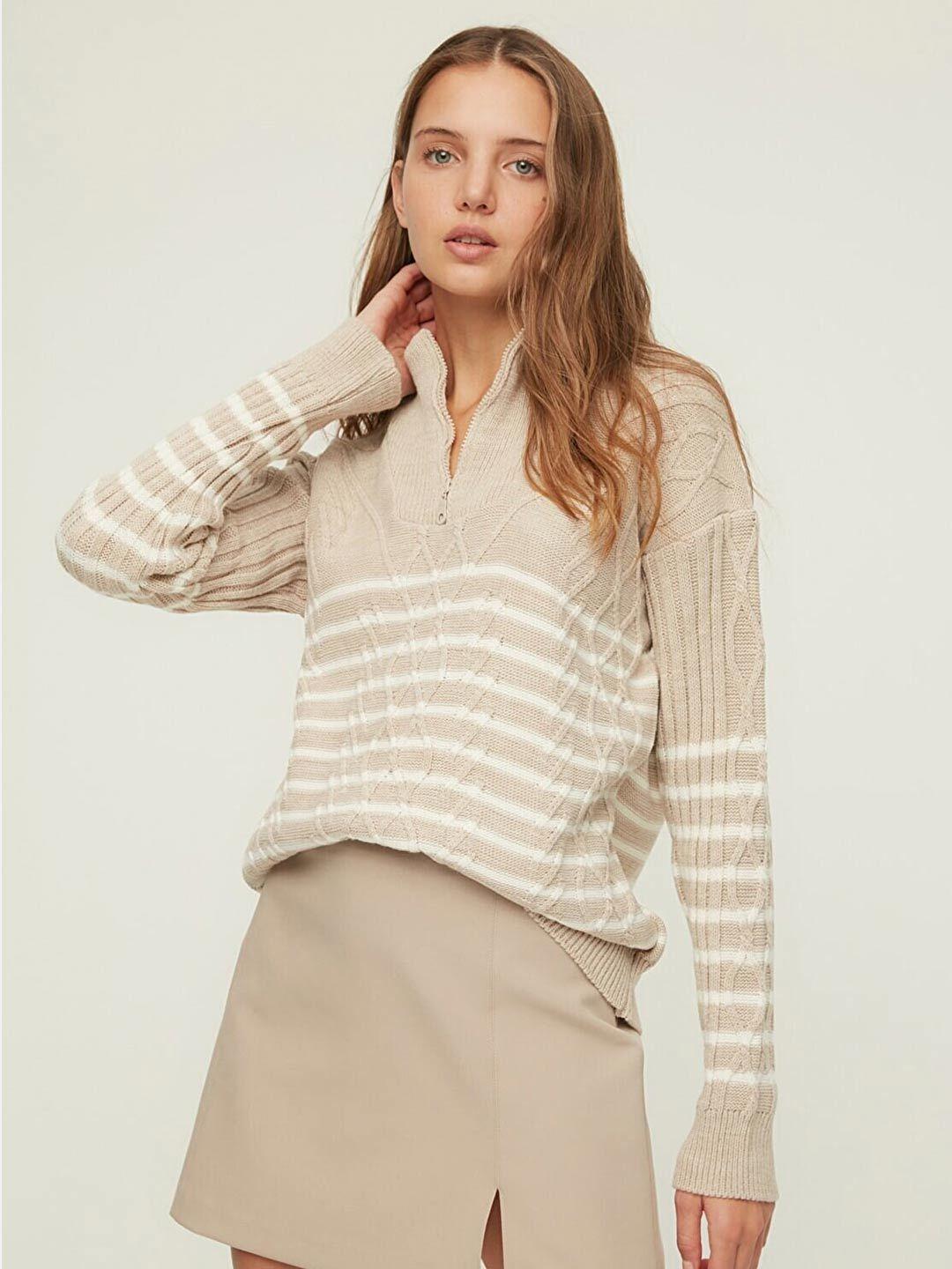 Trendyol Women Beige & White Striped Cable Knit Acrylic Pullover