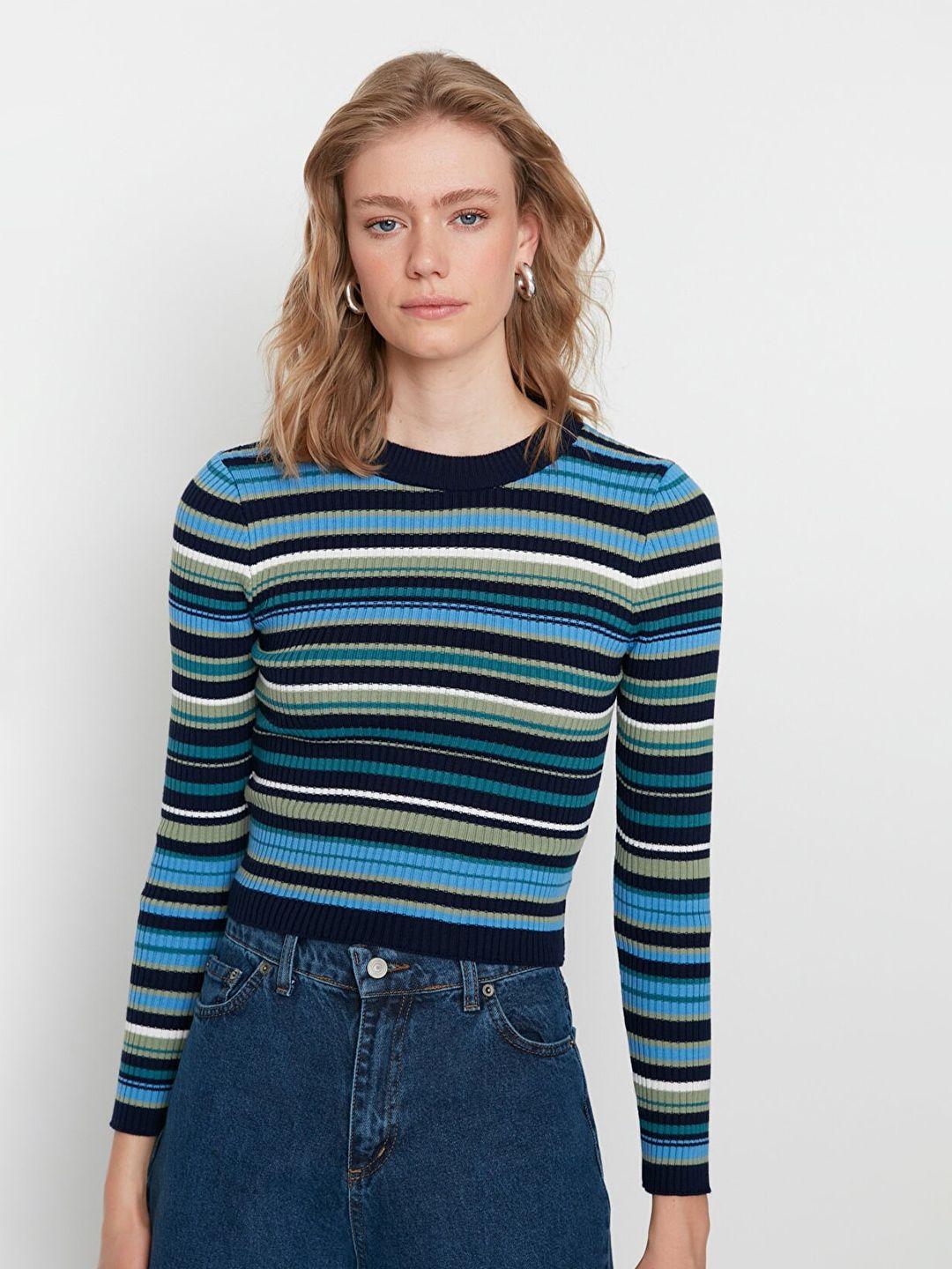 trendyol-women-navy-blue-&-blue-striped-ribbed-acrylic-pullover
