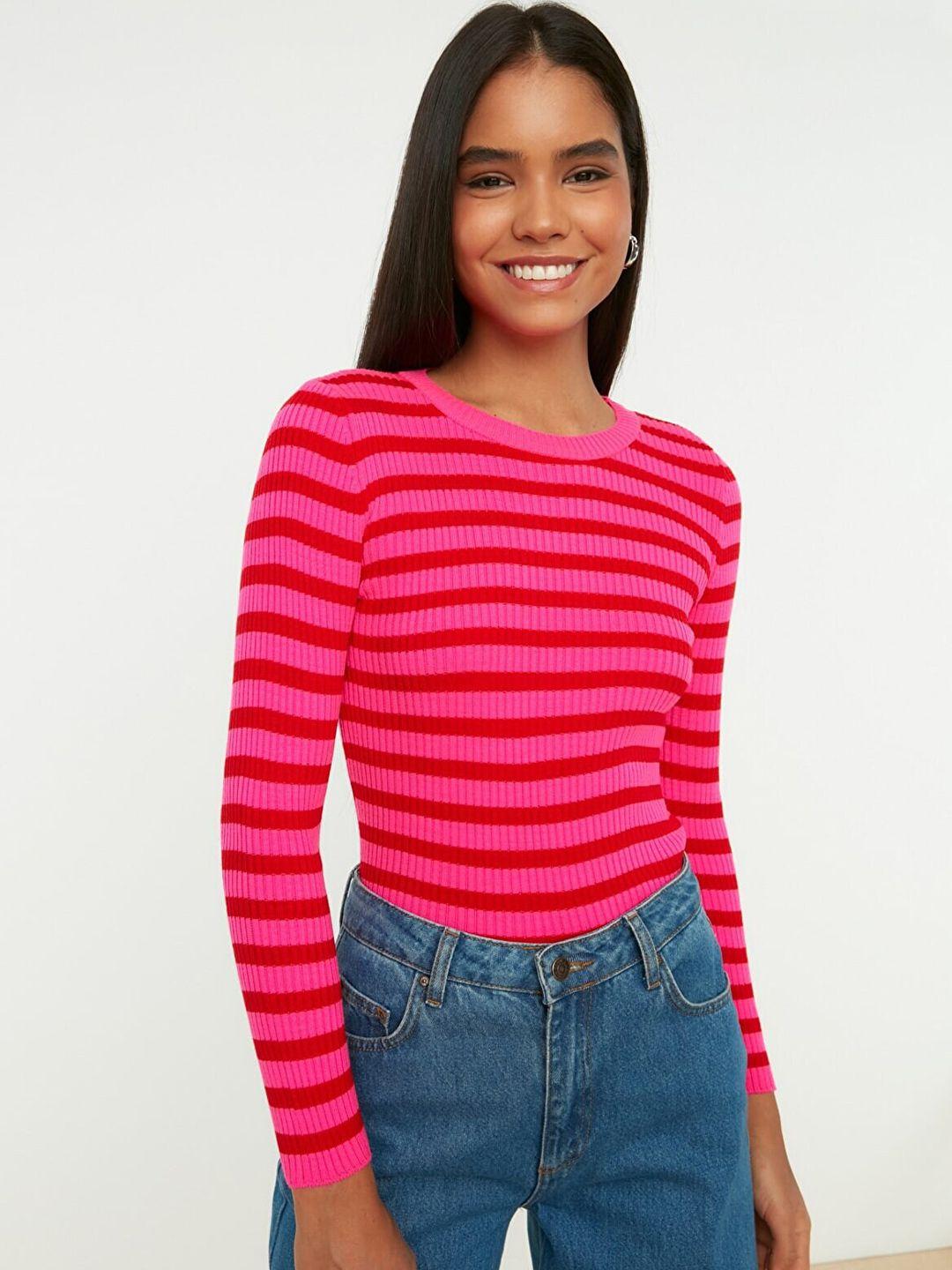 trendyol-women-red-&-pink-striped-pullover