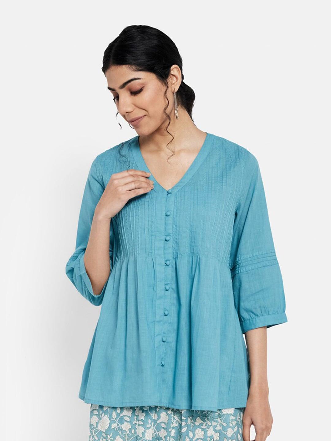 fabindia-blue-solid-cotton-a-line-top