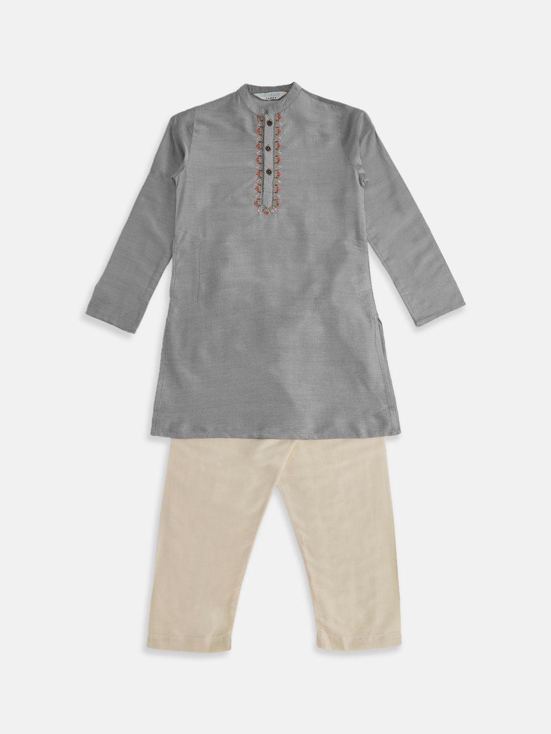indus route by Pantaloons Boys Grey Thread Work Kurta with Pyjamas