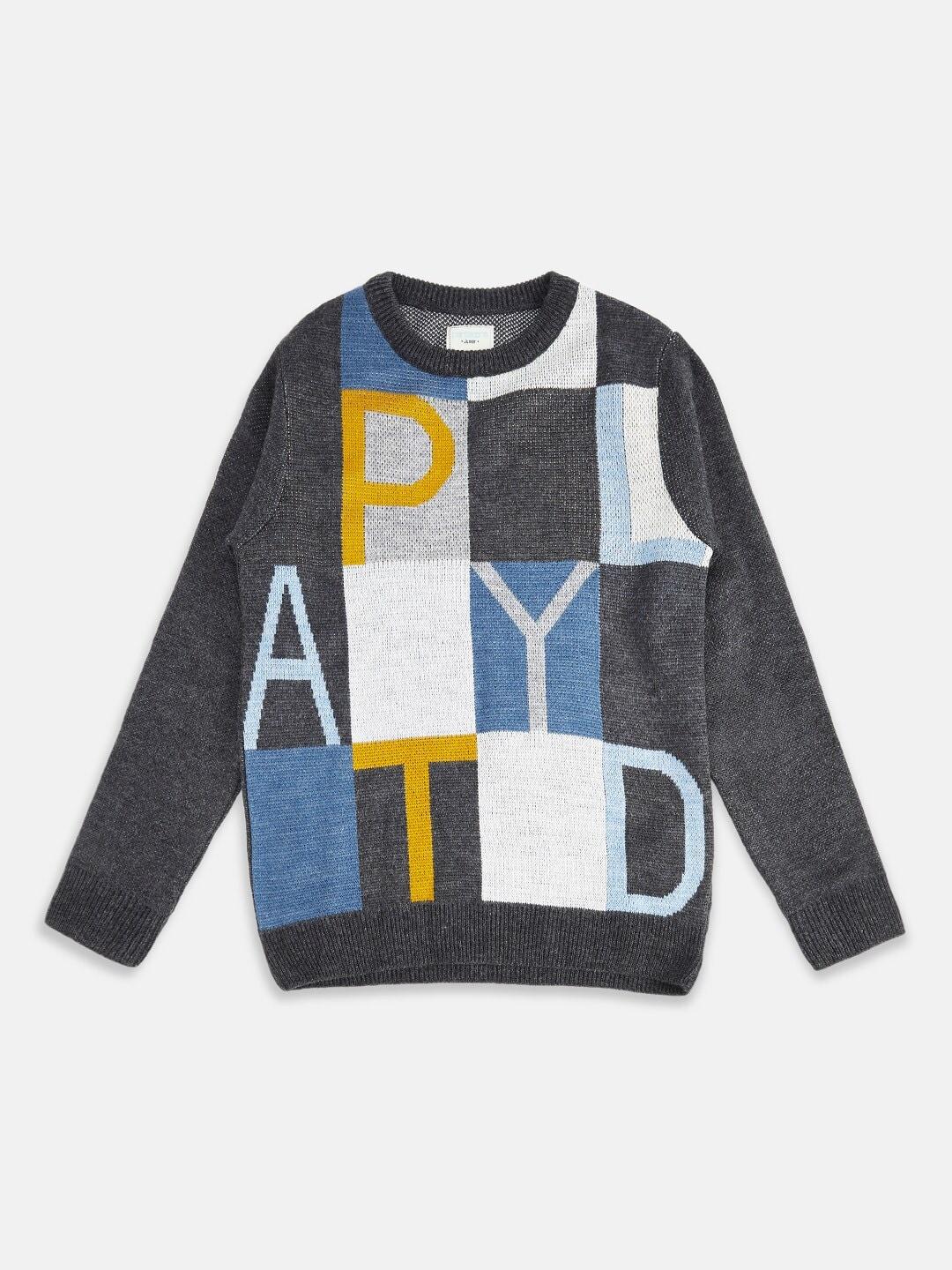 Pantaloons Junior Boys Charcoal & Blue Typography Acrylic Printed Pullover