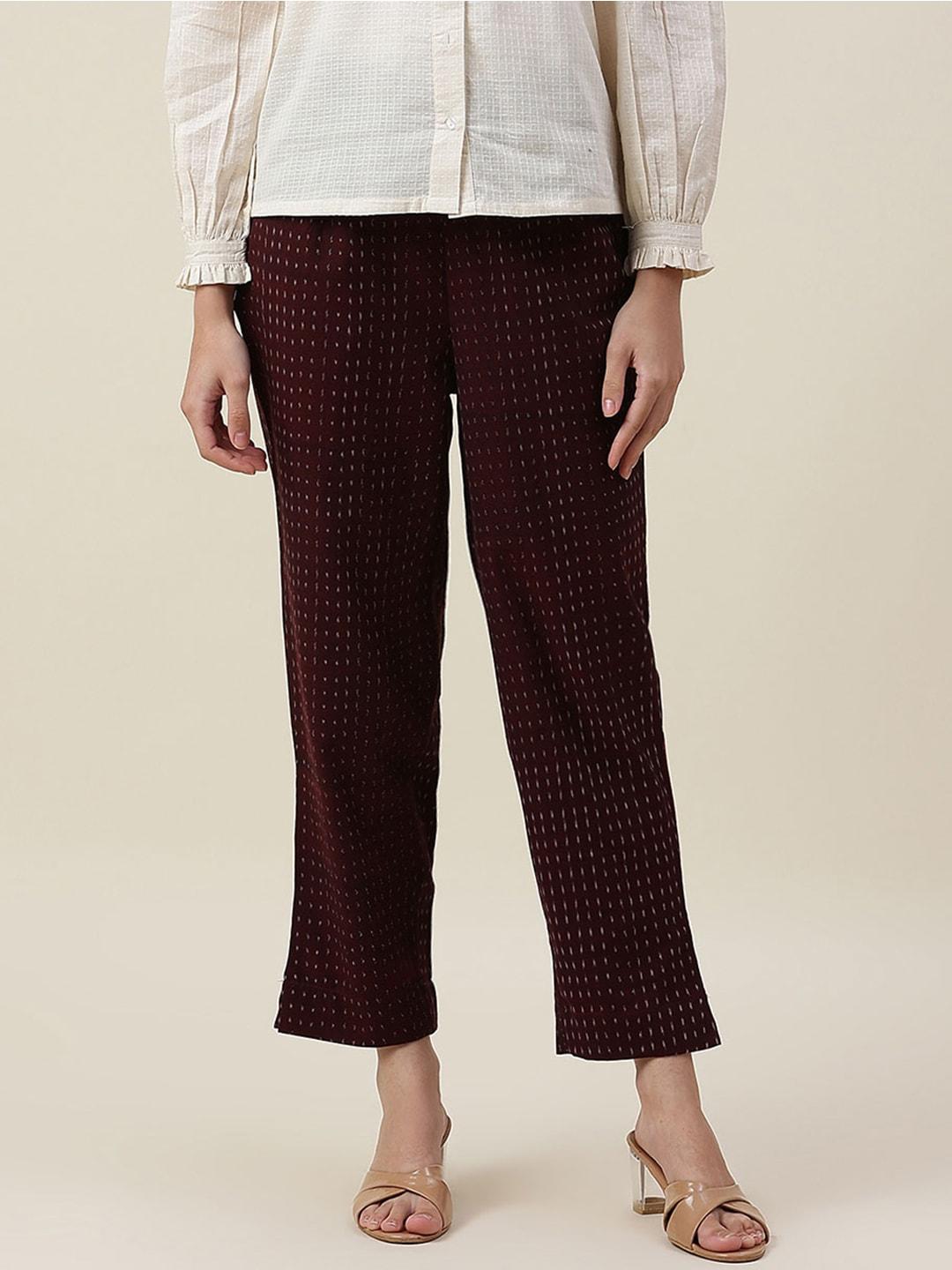 fabindia-women-maroon-printed-cotton-comfort-trousers