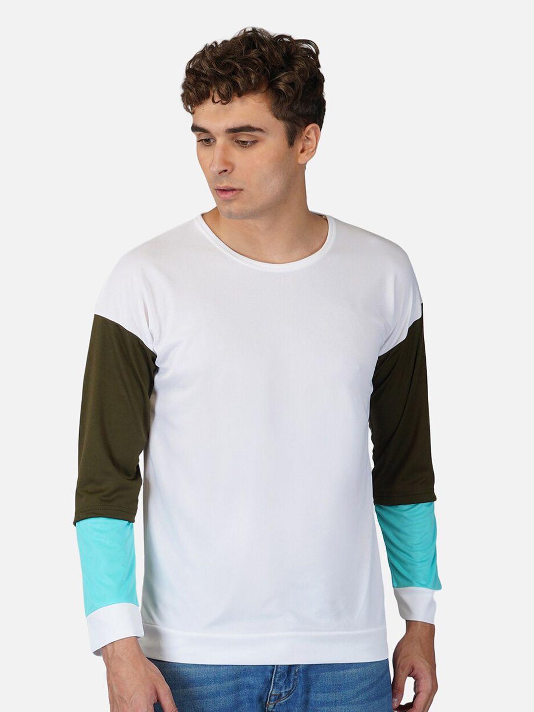 CLAFOUTIS Men White & Blue Colourblocked Extended Sleeves T-shirt
