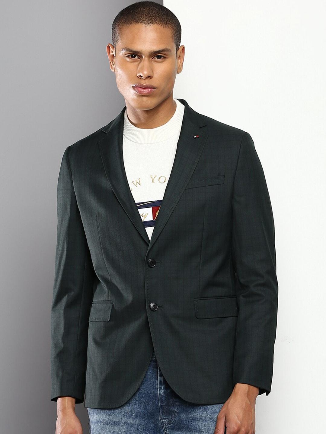 tommy-hilfiger-men-olive-checked-notched-lapel-collar-blazers