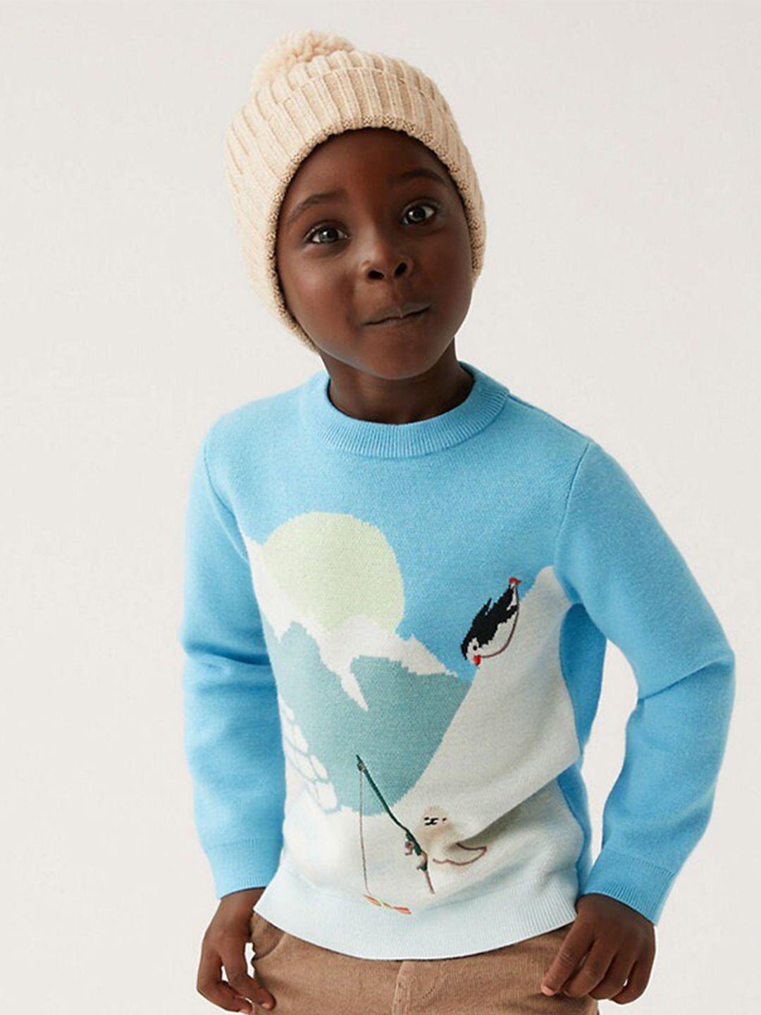 Marks & Spencer Boys Blue & White Printed Cotton Pullover Sweater