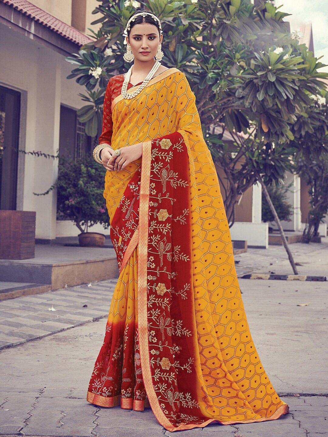 Saree mall Yellow & Red Floral Embroidered Pure Chiffon Banarasi Sarees