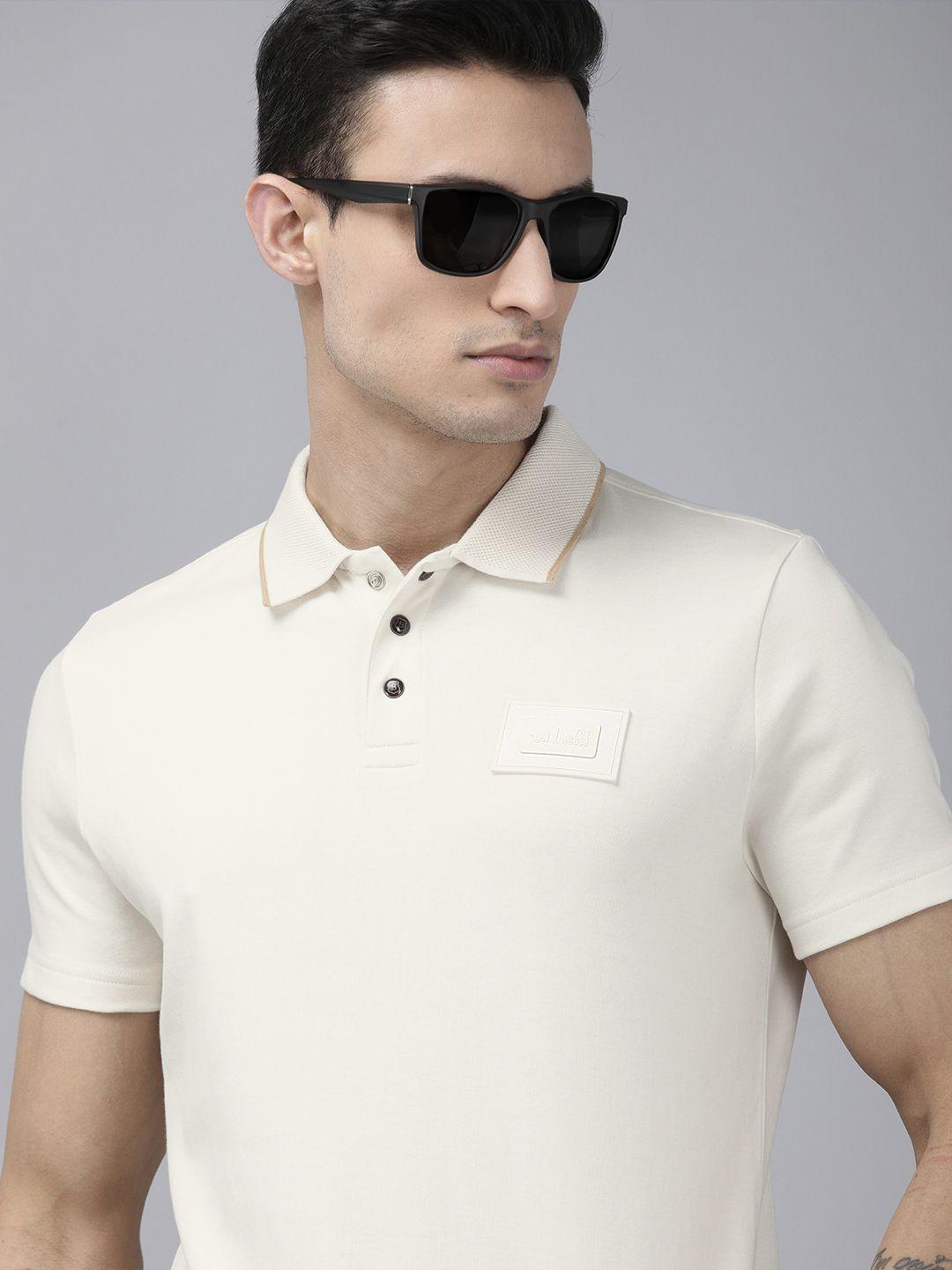 THE BEAR HOUSE Men White Polo Collar Applique Slim Fit T-shirt