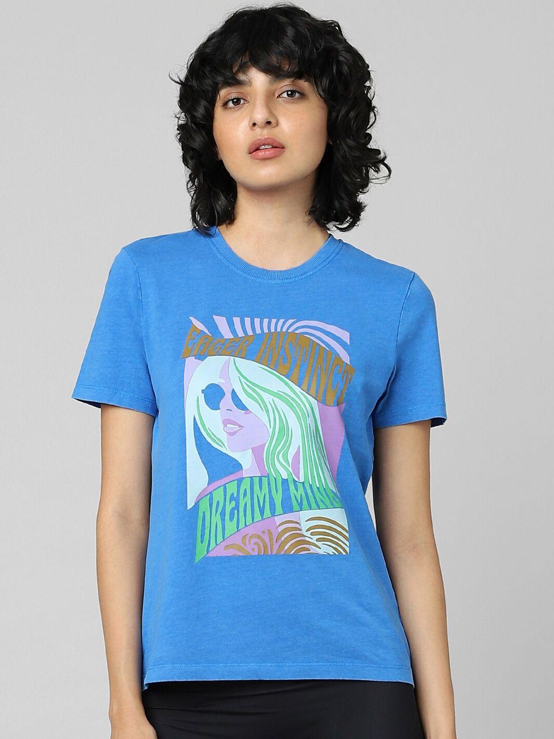 ONLY Women Blue Printed Cotton T-shirt